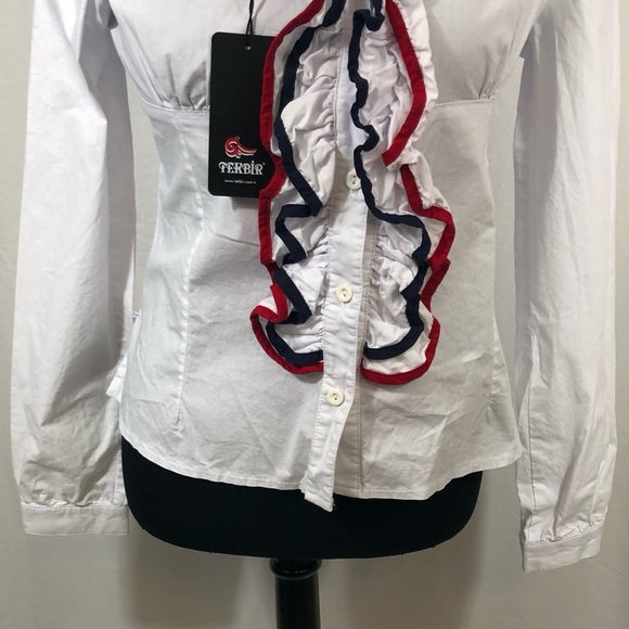 Tekbir Women Blouse Buttons Notched V- Neck Size S Ruffles Long Sleeves =D - Picture 3 of 12